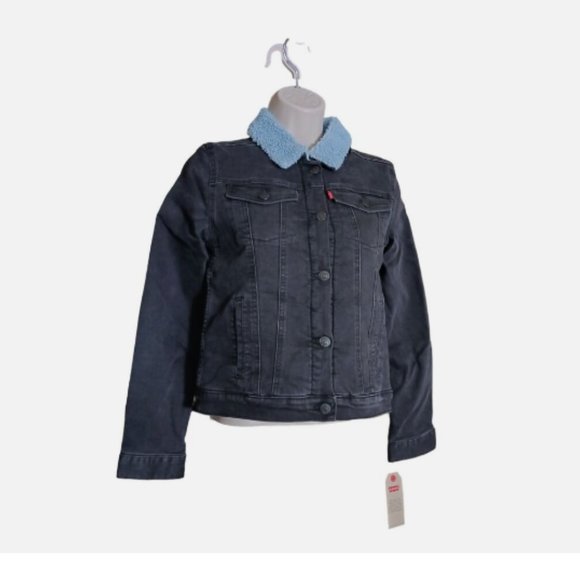Levi's Trucker Black Jean Denim Jacket Fleece Sherpa Lined Girls 12-13 Size L - Picture 3 of 9